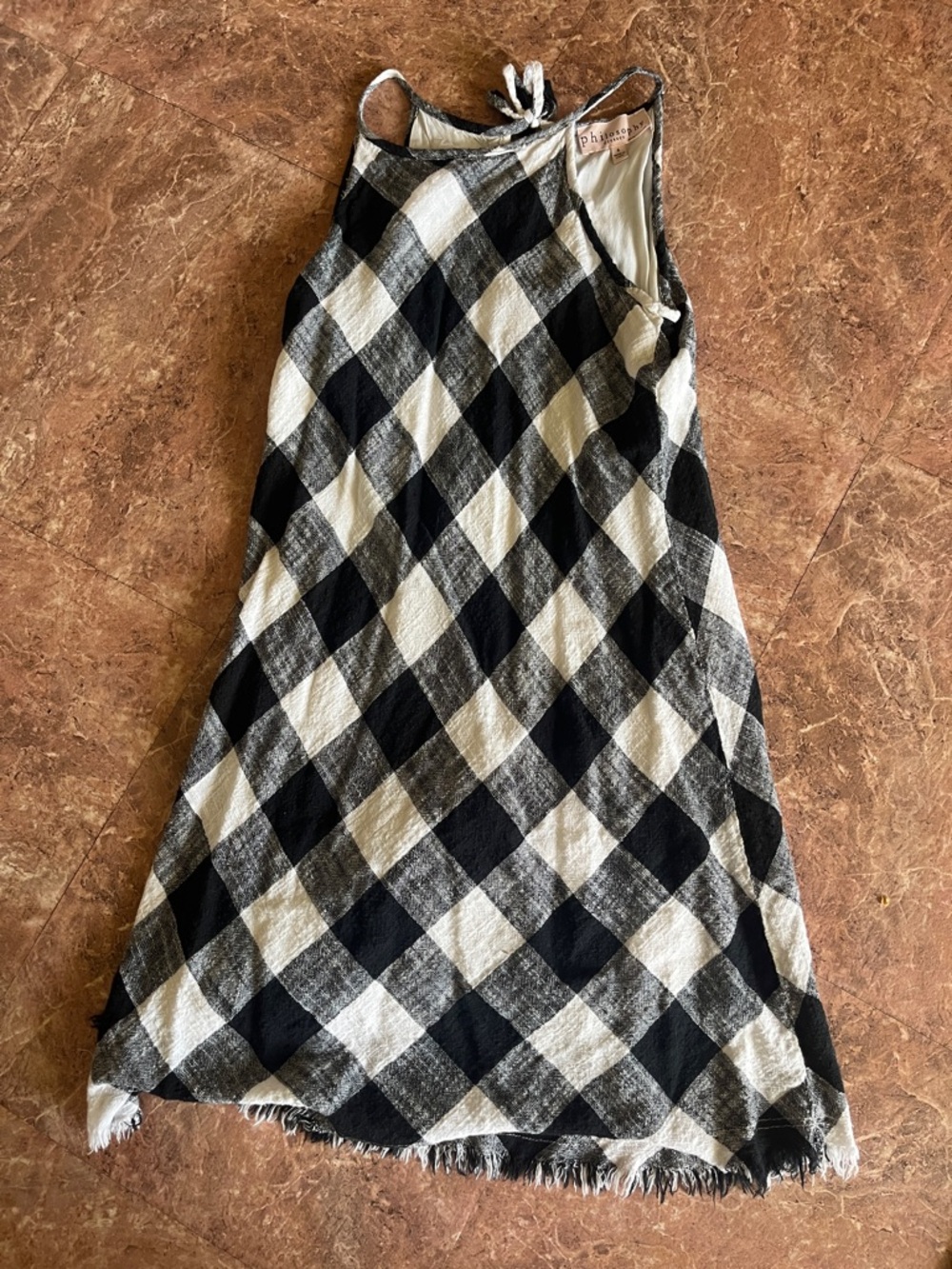 Philosophy Black & White Buffalo Check Sleeveless A-Line Dress with Fringe Hem